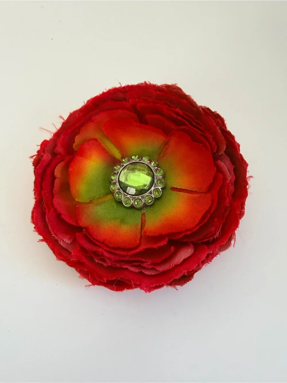 Red Flower Hair Clip Green Rhinestone Center Large Floral Statement Accessory